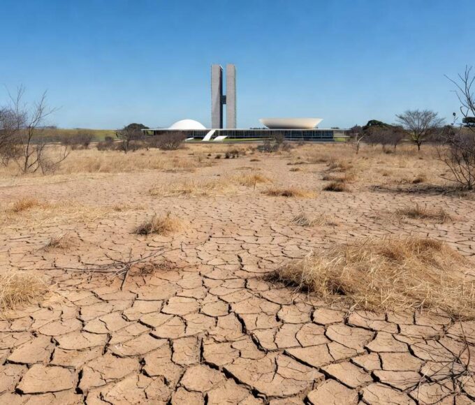 Paisagem seca em Brasília com solo rachado e vegetação murcha, destacando a seca e resposta tardia da Caesb com pontos de hidratação.