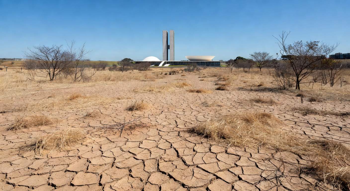 Paisagem seca em Brasília com solo rachado e vegetação murcha, destacando a seca e resposta tardia da Caesb com pontos de hidratação.