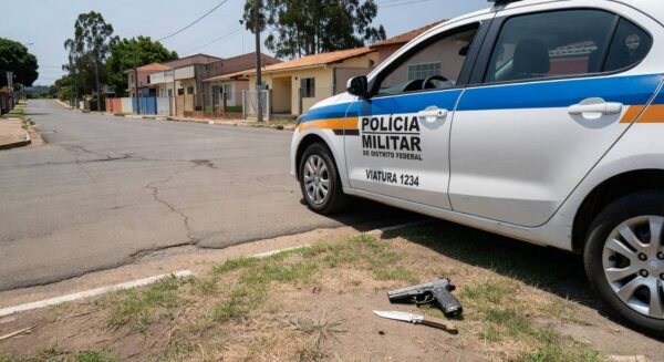 Viatura da PMDF em rua de Vicente Pires com simulacro de arma e faca no chão, cena de detenção.
