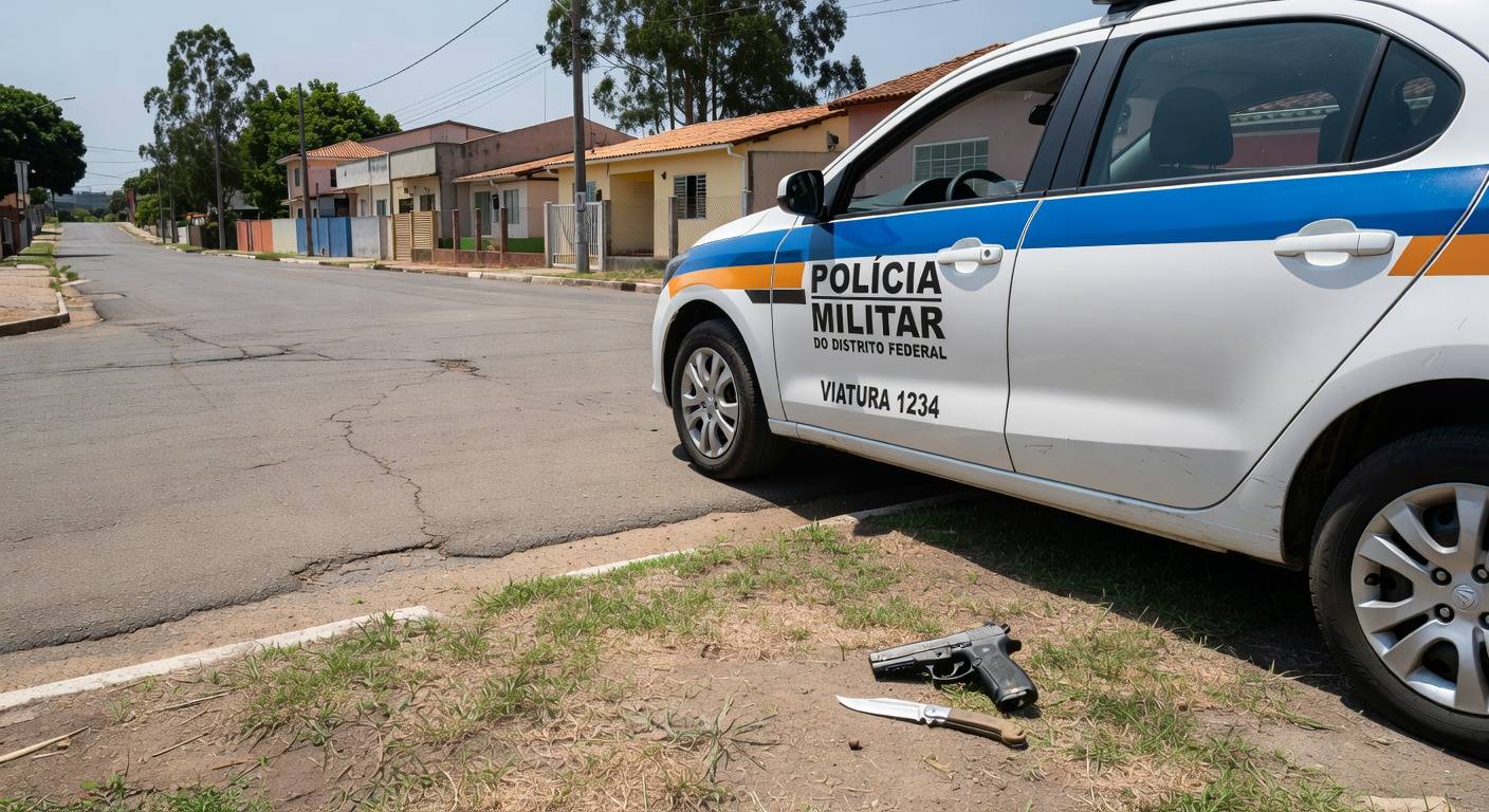 Viatura da PMDF em rua de Vicente Pires com simulacro de arma e faca no chão, cena de detenção.