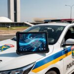 Viatura da PMDF em Brasília com tablet exibindo app Nexus para relatórios policiais.