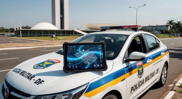 Viatura da PMDF em Brasília com tablet exibindo app Nexus para relatórios policiais.