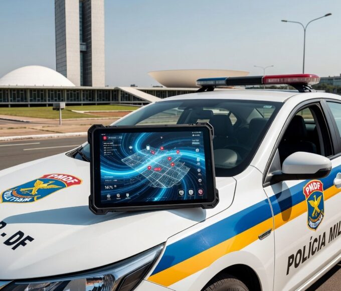 Viatura da PMDF em Brasília com tablet exibindo app Nexus para relatórios policiais.