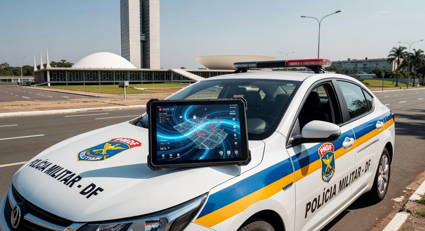 Viatura da PMDF em Brasília com tablet exibindo app Nexus para relatórios policiais.