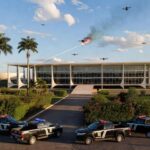 Viatura da PMDF em rua de Brasília com fragmentos de drones caídos, representando incidente de segurança.