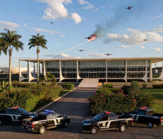 Viatura da PMDF em rua de Brasília com fragmentos de drones caídos, representando incidente de segurança.