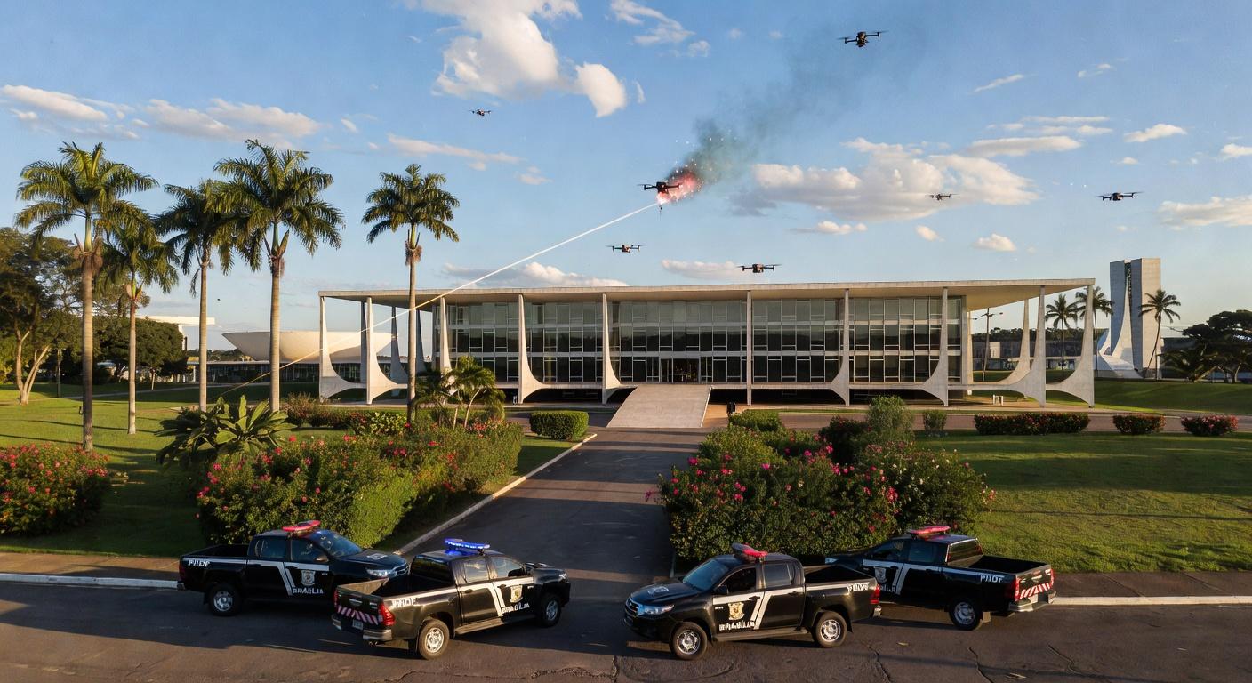 Viatura da PMDF em rua de Brasília com fragmentos de drones caídos, representando incidente de segurança.