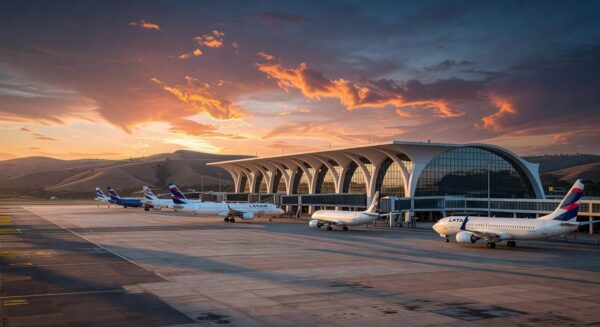 Vista do Aeroporto de Brasília com aviões e terminal, simbolizando leilão prioritário para novembro.
