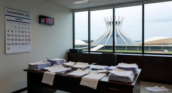 Mesa com documentos financeiros e calendário de prazo expirado em escritório bancário em Brasília, representando perda de prazo do BRB para balanço.