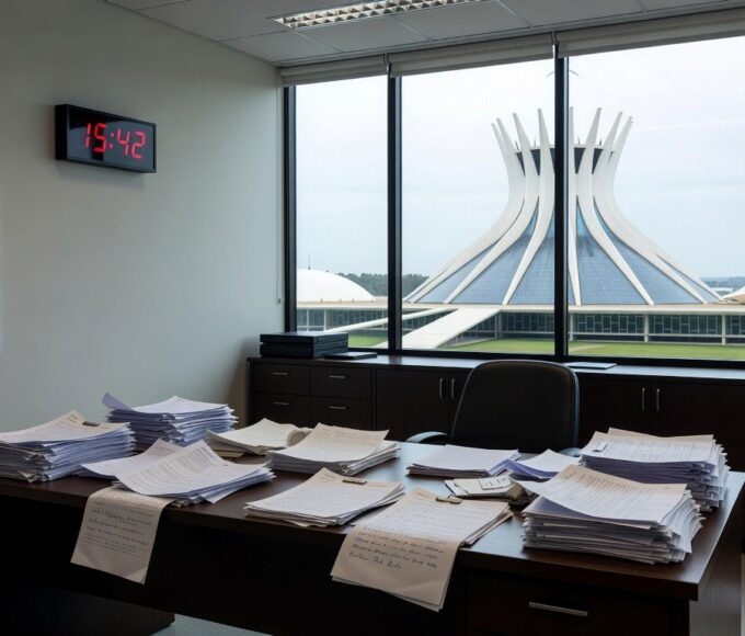 Mesa com documentos financeiros e calendário de prazo expirado em escritório bancário em Brasília, representando perda de prazo do BRB para balanço.