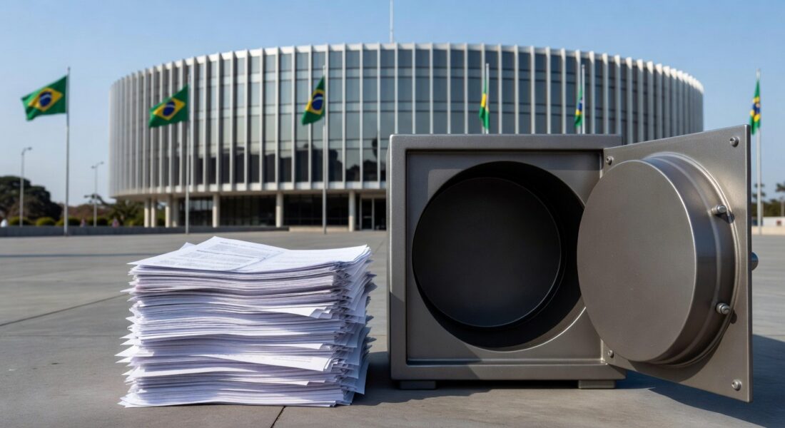 Edifício da CLDF em Brasília com documentos financeiros simbolizando reestruturação de carreira e sobrecarga nos cofres públicos.