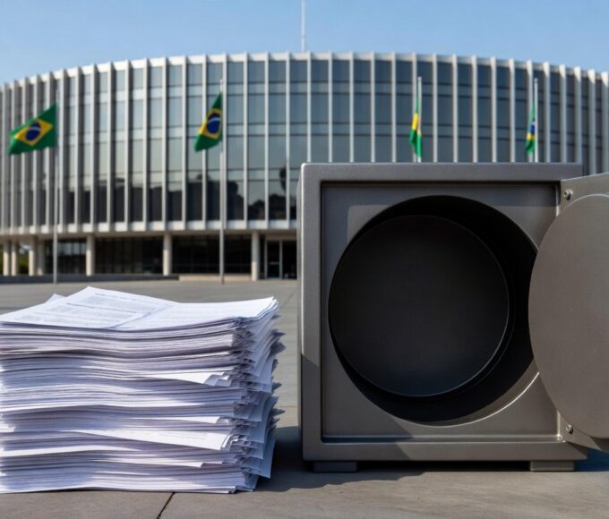 Edifício da CLDF em Brasília com documentos financeiros simbolizando reestruturação de carreira e sobrecarga nos cofres públicos.