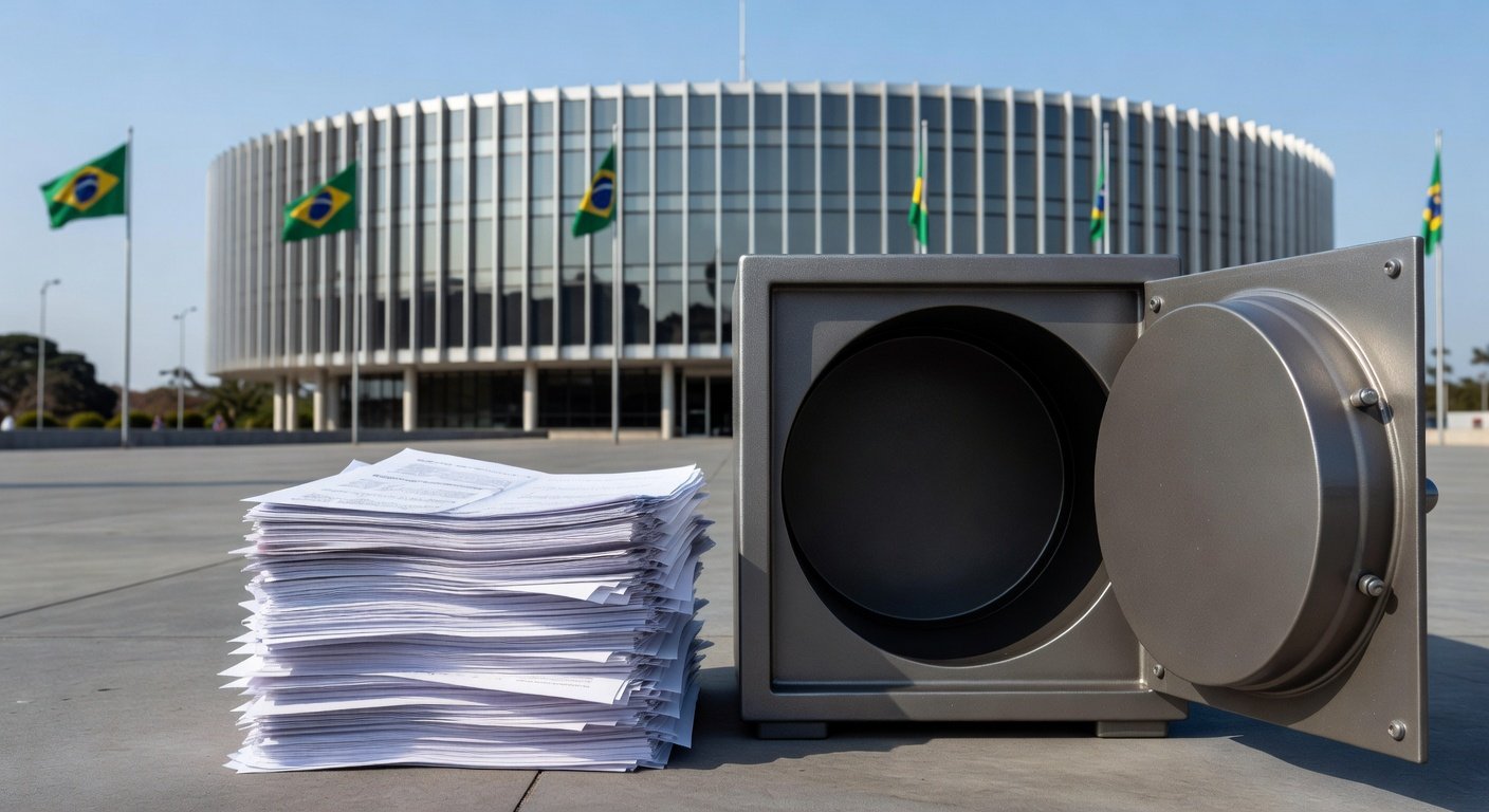 Edifício da CLDF em Brasília com documentos financeiros simbolizando reestruturação de carreira e sobrecarga nos cofres públicos.