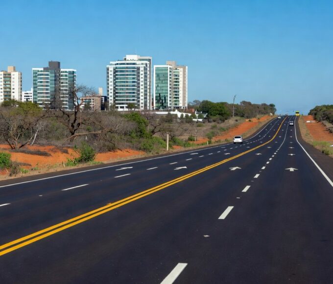Nova via asfaltada em Arniqueira, Distrito Federal, com veículos transitando, beneficiando 50 mil motoristas.