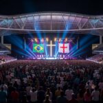 Arena BRB em Brasília lotada com 70 mil fiéis em evento evangélico, vista panorâmica do interior iluminado.