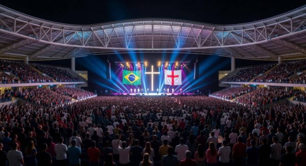 Arena BRB em Brasília lotada com 70 mil fiéis em evento evangélico, vista panorâmica do interior iluminado.