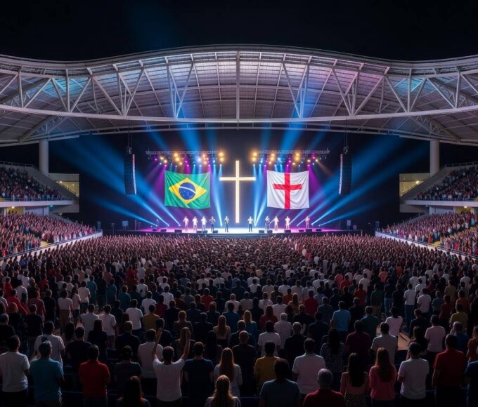 Arena BRB em Brasília lotada com 70 mil fiéis em evento evangélico, vista panorâmica do interior iluminado.