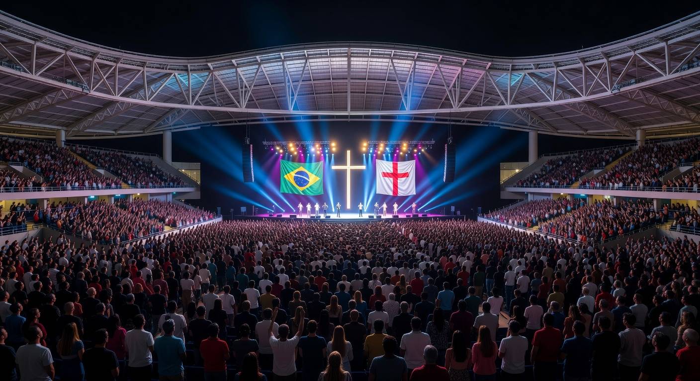 Arena BRB em Brasília lotada com 70 mil fiéis em evento evangélico, vista panorâmica do interior iluminado.