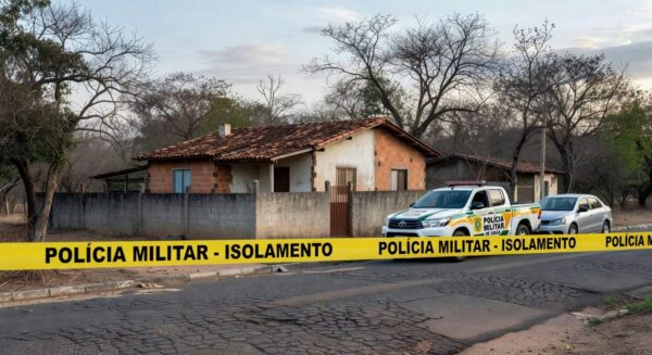 Casa isolada por fita de cena de crime em Águas Lindas de Goiás, com viatura da Polícia Militar, simbolizando tragédia familiar.
