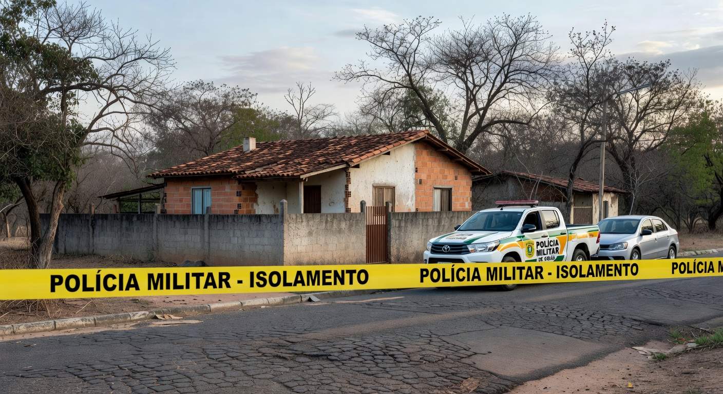 Casa isolada por fita de cena de crime em Águas Lindas de Goiás, com viatura da Polícia Militar, simbolizando tragédia familiar.