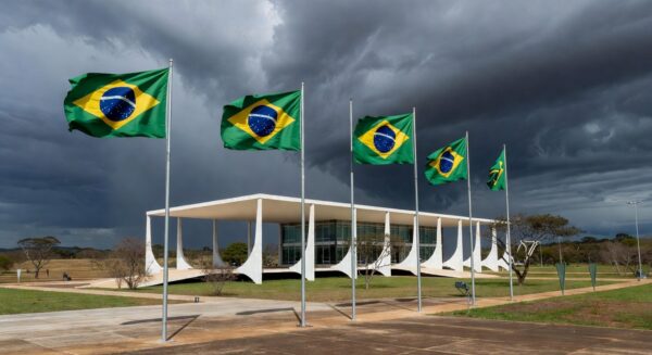 Palácio do Planalto em Brasília sob céu nublado, representando instabilidade e corrupção no governo do DF.