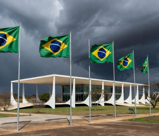 Palácio do Planalto em Brasília sob céu nublado, representando instabilidade e corrupção no governo do DF.