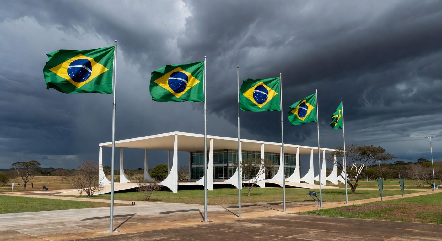 Palácio do Planalto em Brasília sob céu nublado, representando instabilidade e corrupção no governo do DF.