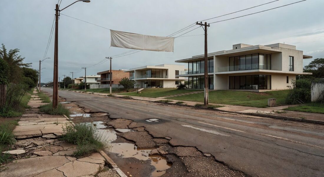 Rua no Park Way, Brasília, com decoração comemorativa e infraestrutura danificada, destacando negligência em soluções reais.