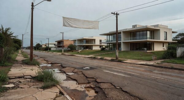 Rua no Park Way, Brasília, com decoração comemorativa e infraestrutura danificada, destacando negligência em soluções reais.