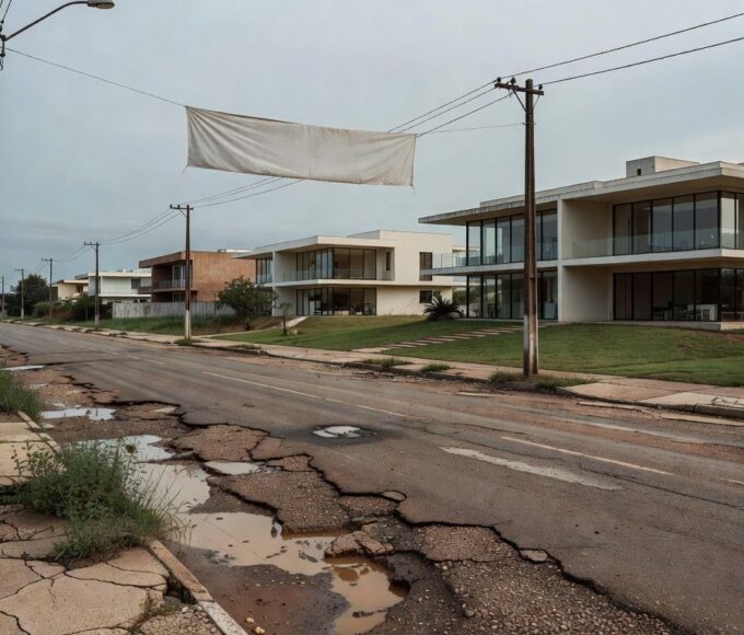 Rua no Park Way, Brasília, com decoração comemorativa e infraestrutura danificada, destacando negligência em soluções reais.