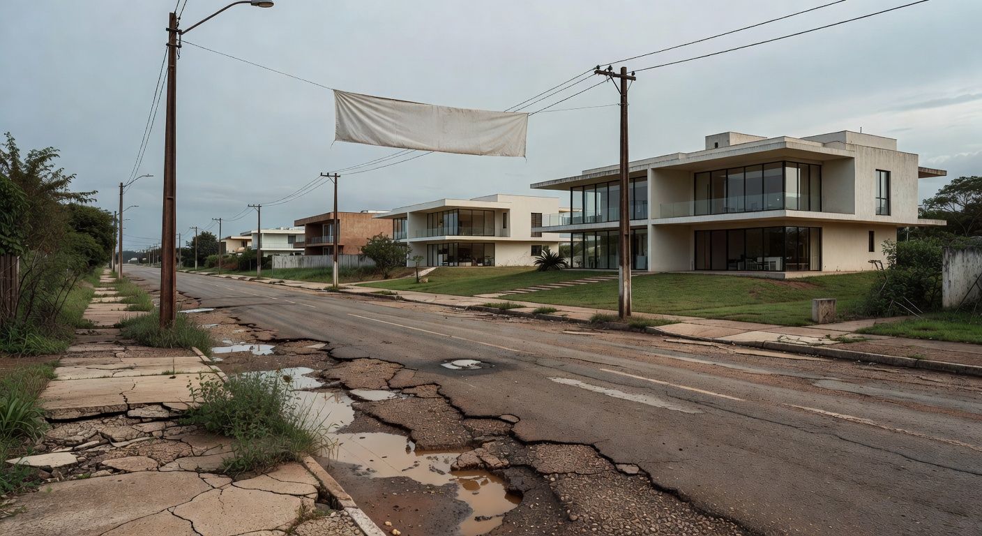 Rua no Park Way, Brasília, com decoração comemorativa e infraestrutura danificada, destacando negligência em soluções reais.