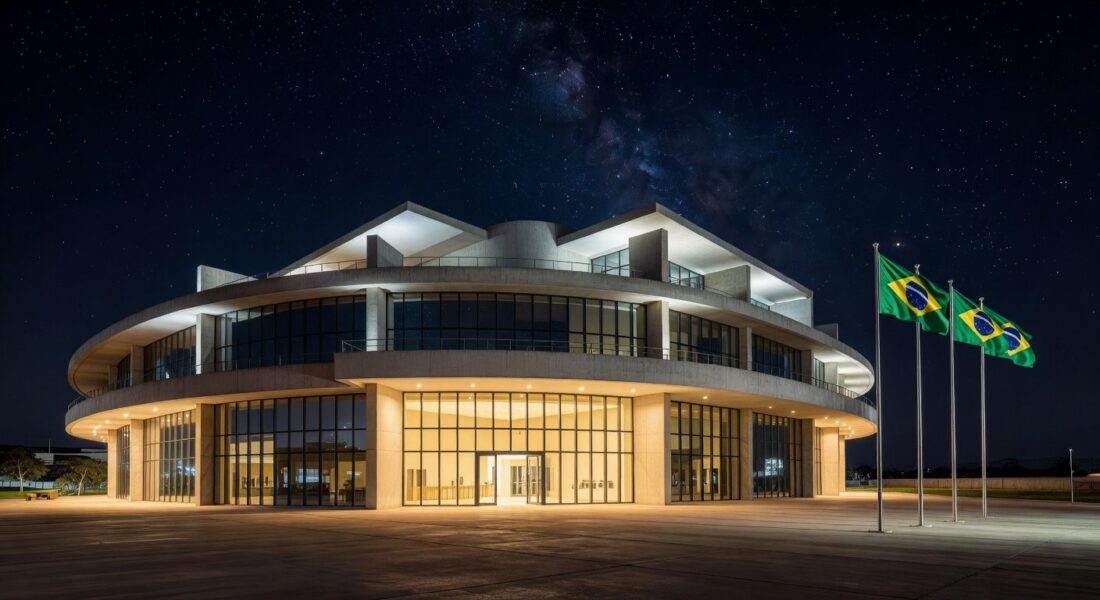 Fachada noturna do Terraço Shopping em Brasília, com luzes acesas, representando retorno do Projeto Na Sua Hora para serviços públicos.