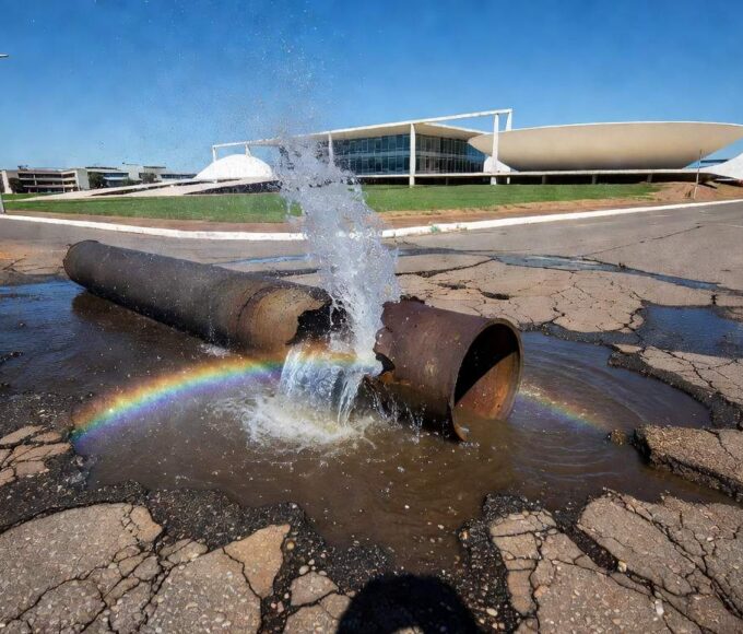 Tubulação de água com vazamento em rua de Brasília, ilustrando vulnerabilidades no abastecimento da Caesb no DF.