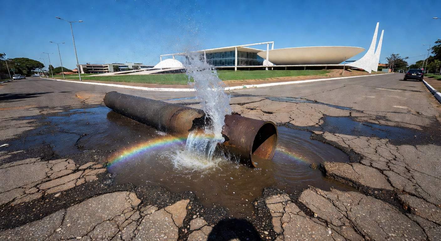 Tubulação de água com vazamento em rua de Brasília, ilustrando vulnerabilidades no abastecimento da Caesb no DF.