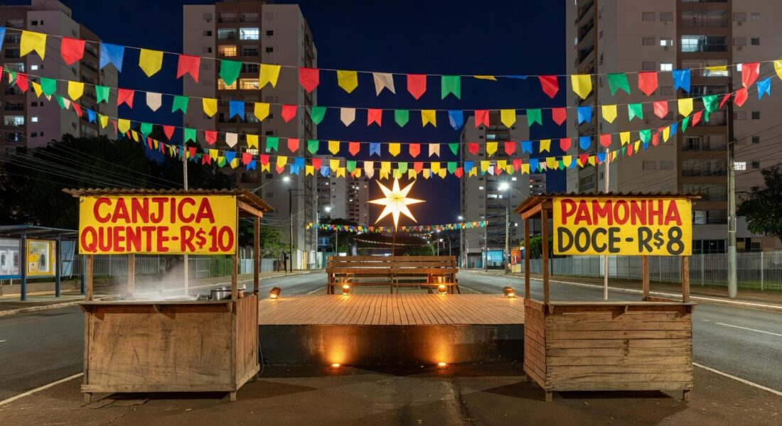 Festa junina em Águas Claras com bandeirinhas, barracas e palco, celebrando a 10ª edição do arraiá.