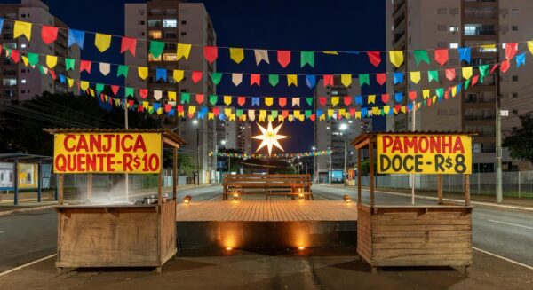 Festa junina em Águas Claras com bandeirinhas, barracas e palco, celebrando a 10ª edição do arraiá.