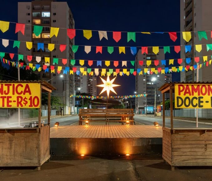 Festa junina em Águas Claras com bandeirinhas, barracas e palco, celebrando a 10ª edição do arraiá.