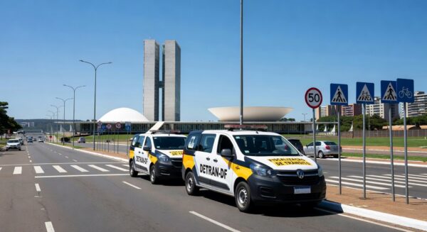 Rua em Brasília com sinalizações educativas de trânsito e veículo do Detran-DF, promovendo segurança viária.