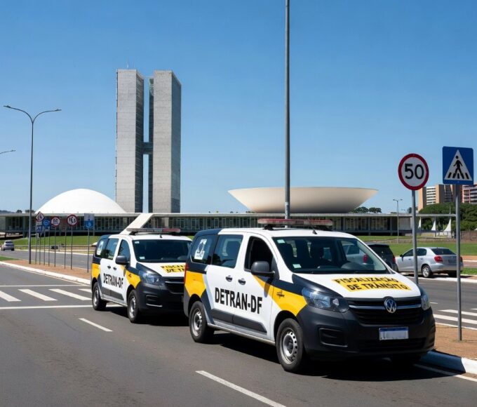 Rua em Brasília com sinalizações educativas de trânsito e veículo do Detran-DF, promovendo segurança viária.