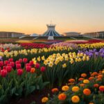 Jardim com flores vibrantes em Brasília, representando o Programa Viva Flor que zera feminicídios e protege mulheres no DF.