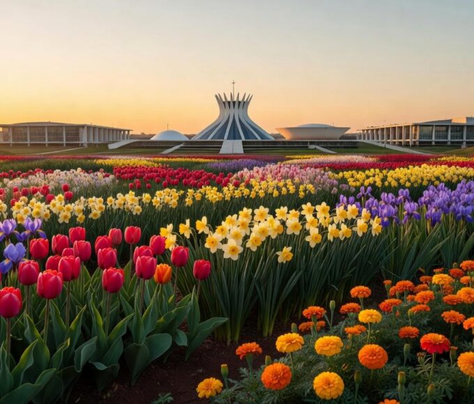 Jardim com flores vibrantes em Brasília, representando o Programa Viva Flor que zera feminicídios e protege mulheres no DF.