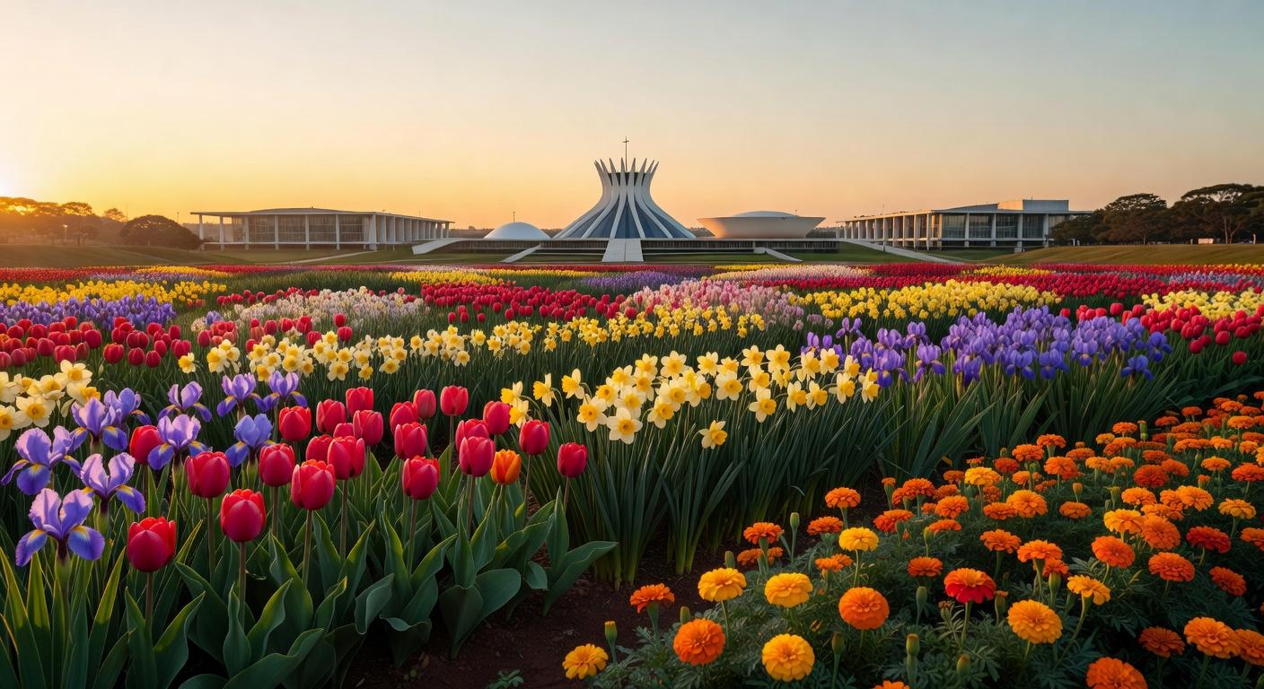 Jardim com flores vibrantes em Brasília, representando o Programa Viva Flor que zera feminicídios e protege mulheres no DF.