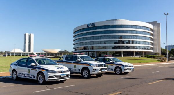 Viatura da Polícia Federal em frente ao Banco de Brasília, representando operação e prisão de ex-presidente.