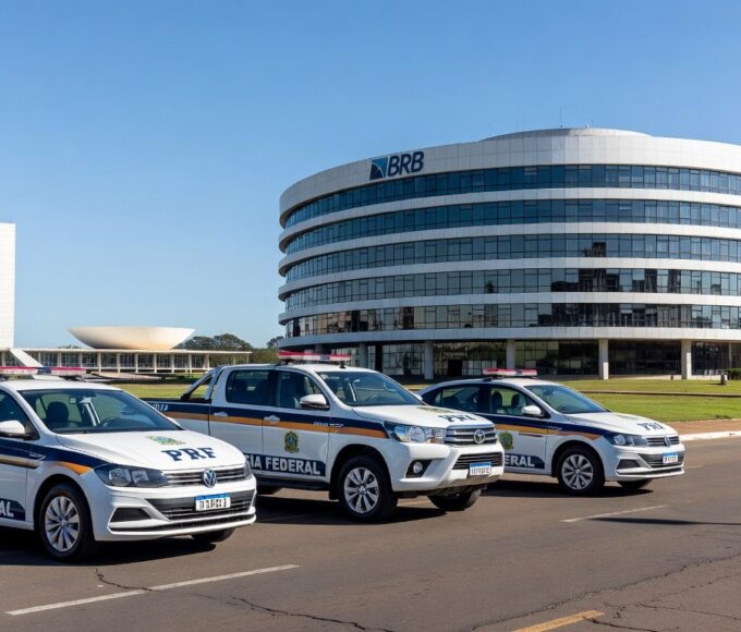 Viatura da Polícia Federal em frente ao Banco de Brasília, representando operação e prisão de ex-presidente.