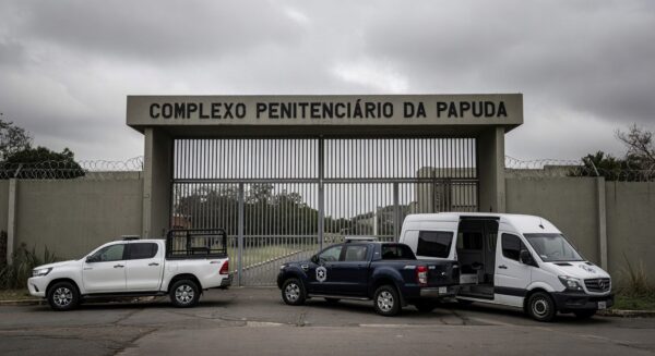 Viatura da Polícia Federal em frente ao presídio Papuda, em operação contra corrupção no BRB.