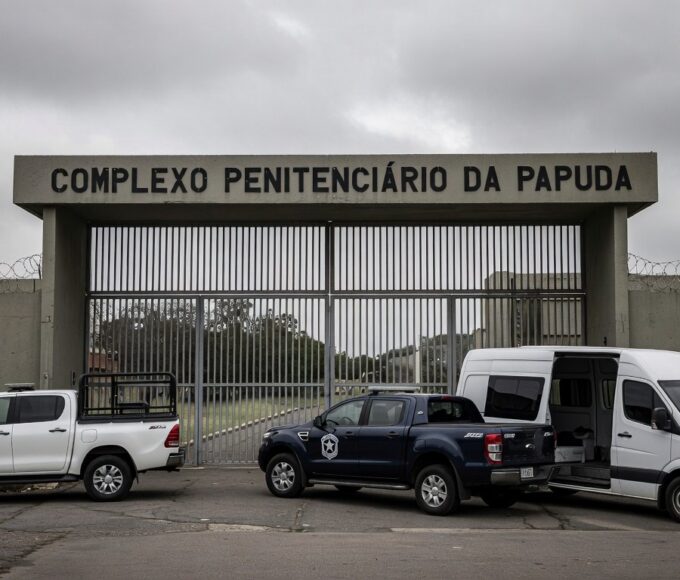 Viatura da Polícia Federal em frente ao presídio Papuda, em operação contra corrupção no BRB.