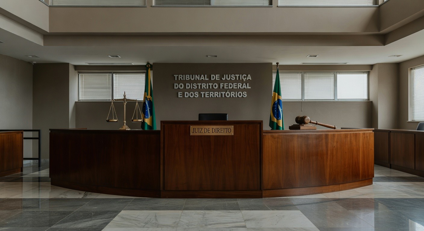 Sala de tribunal vazia no Distrito Federal, com símbolos de justiça representando julgamento de chacina em Planaltina.