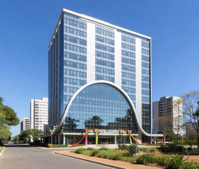 Fachada do Soho Plaza Hotel inaugurado em Águas Claras, Brasília, com arquitetura moderna e vegetação do cerrado.