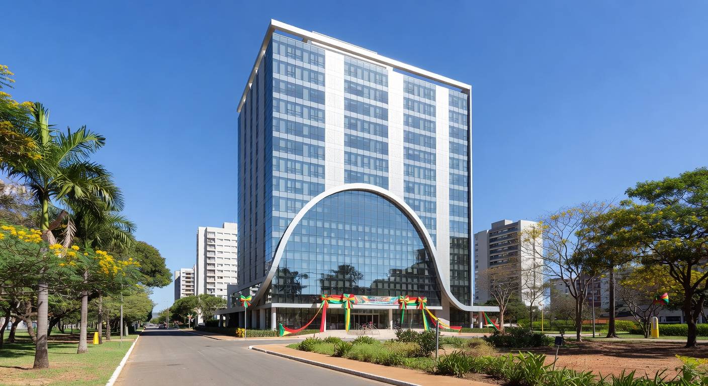 Fachada do Soho Plaza Hotel inaugurado em Águas Claras, Brasília, com arquitetura moderna e vegetação do cerrado.