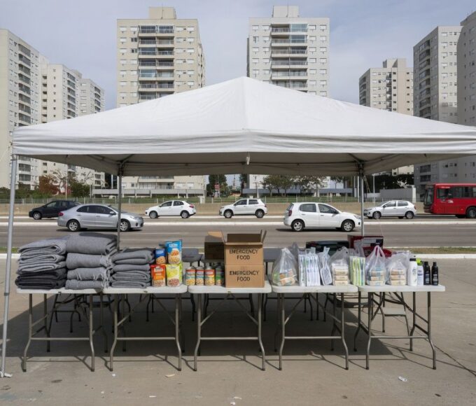 Tenda de acolhimento e assistência social do GDF em praça de Águas Claras, com suprimentos para população de rua.